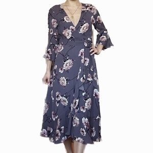 Floral Mid-Sleeve Midi Wrap Dress